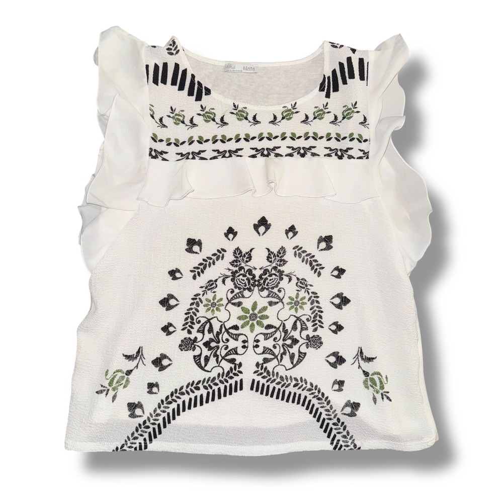 Zara BW Collection Cream Ruffle Cap‎ Sleeve Floral Medallion Print Top Womens S